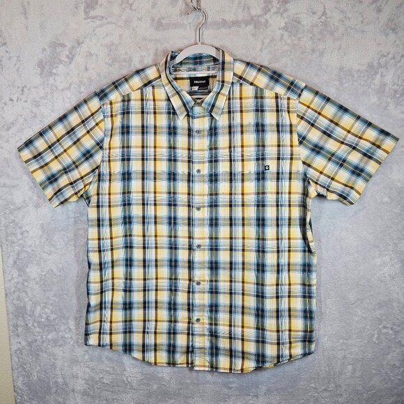 Marmot Mens XXL Yellow Blue Plaid Short Sleeve Button-Up Shirt office logo - Picture 1 of 14